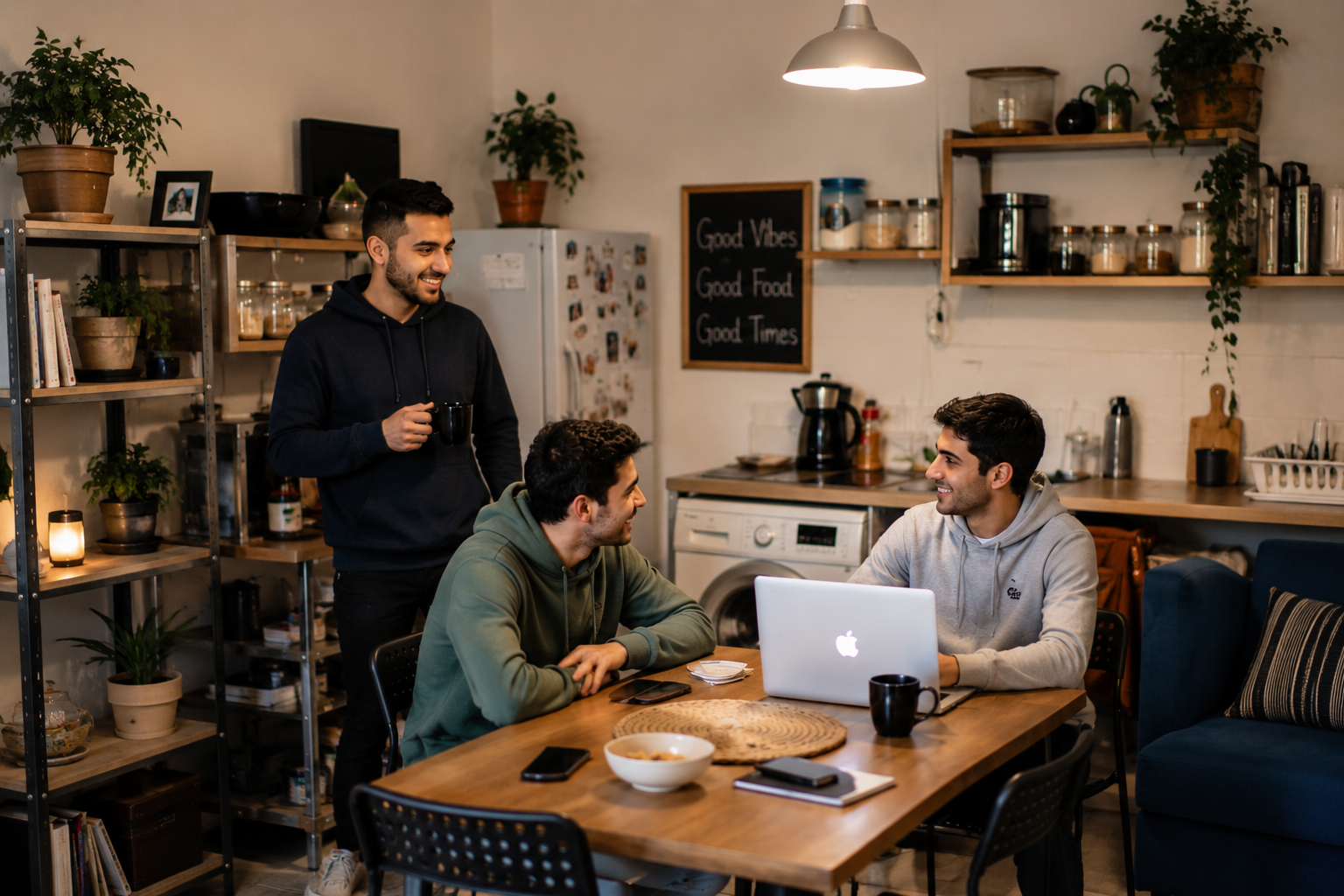 Trois colocataires hommes partageant un moment dans un salon lumineux